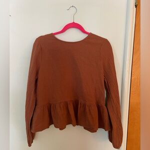 Brown Button-back Peplum Shirt, Size L